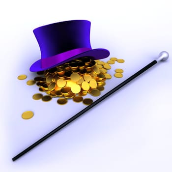 hat full of gold coins and cane