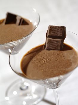 Photo of two chocolate martinis with a very shallow depth of field, focus on the chocolate garnish.