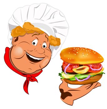 Funny Chef and best big traditional hamburger