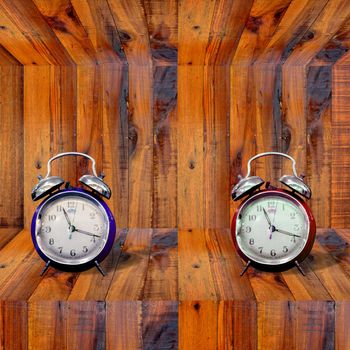 Clock inside wooden shelf, Time concept