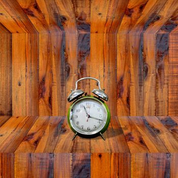 Clock inside wooden shelf, Time concept