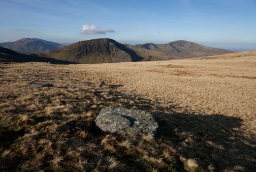 A view at sunrise  towards Moel Cynghorion and Eilio in the Snowdonia nation park, Gwynedd, Wales, UK.