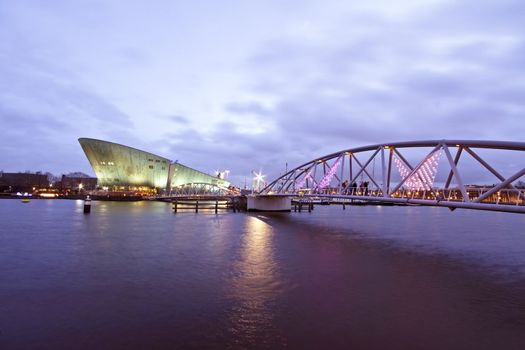 The harbor from Amsterdam at sunset in the Netherlands