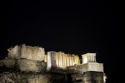 Nighttime view of the acropolis in Athens from the west.