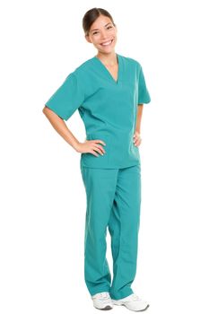 Medical nurse isolated in full body length in green scrubs on pure white background. Multiracial Asian and Caucasian female medical professional doctor or nurse smiling happy and joyful