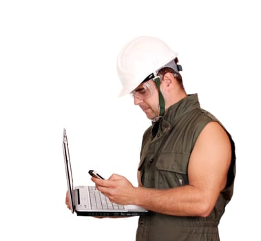 oil worker with laptop and phone on white 