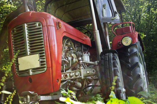 Old tractor in a nature environment bathed in warm sunlight. Light reflections visible.