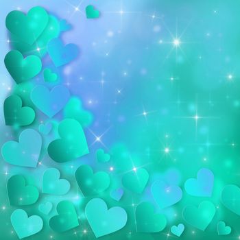 Valentine`s Day Card with turquoise green hearts and stars
