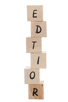 Editor misspelled using wooden blocks on white background.