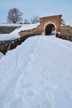 Detail of Peterwaradein fortress covered with snow