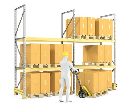 Worker moves boxes with pallet truck, isolated on white background