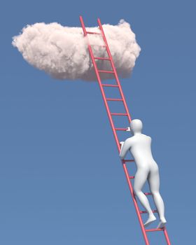Abstract white man climbs to the cloud in the sky