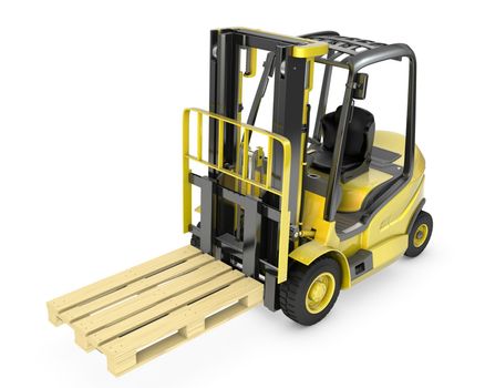 Yellow fork lift truck with pallet, isolated on white background