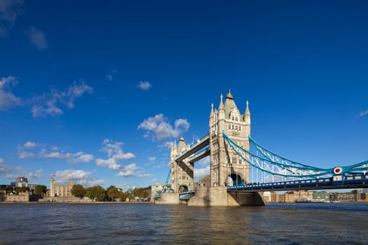 The famous Tower Bridge in London, UK. Sunny day. Photograph taken with the tilt-shift lens, vertical lines of architecture preserved