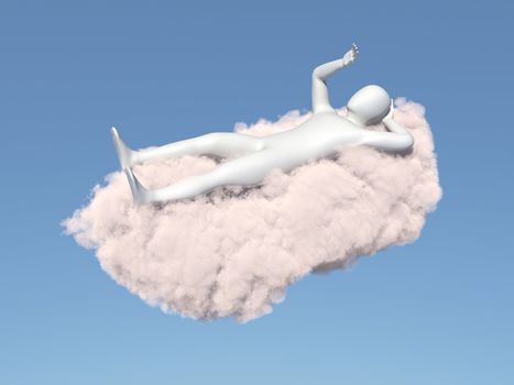 Abstract white man relaxing on a cloud in the sky