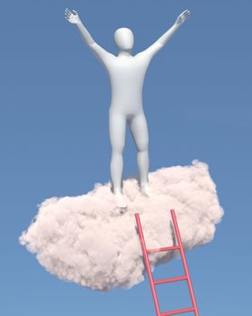 Abstract white man relaxes on a cloud in the sky