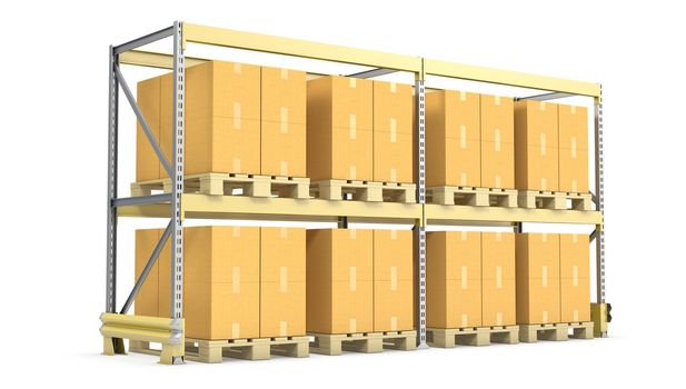 Pallet rack with cargo, isolated on white background