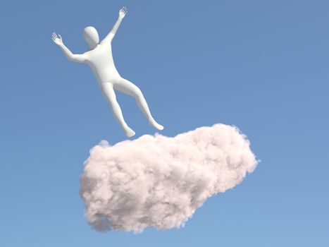 Abstract white man falls of the cloud in the sky