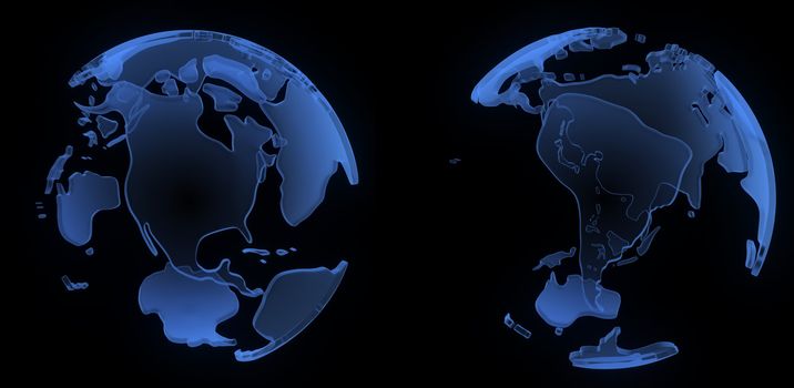 X ray globe, South and North America, isolated on black