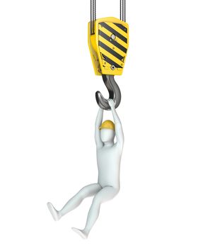 Worker hangs on crane hook, isolated on white background