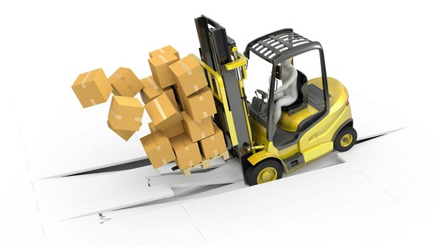 Fork lift truck with heavy load crashing through floor, isolated on white background