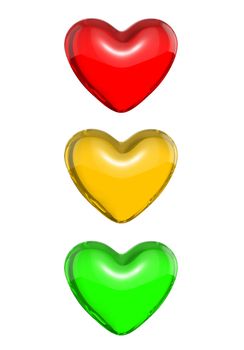 Red candy heart colored as traffic light, isolated on white background