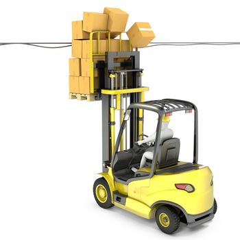 Fork lift truck with high load hits wires, isolated on white background