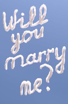 Will you marry me text in sky, isolated on blue