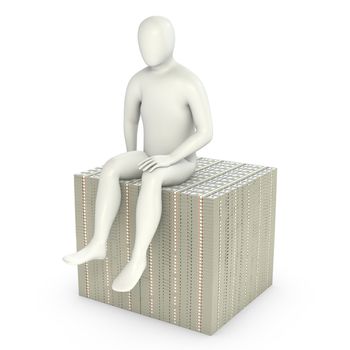 Abstract white man sits on pack of dollars, isolated on white background