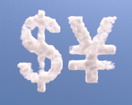 Dollar and yen symbols shape clouds, isolated on white background