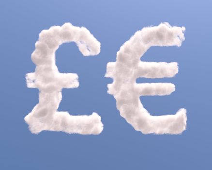 Euro and pound symbols shape clouds, isolated on white background