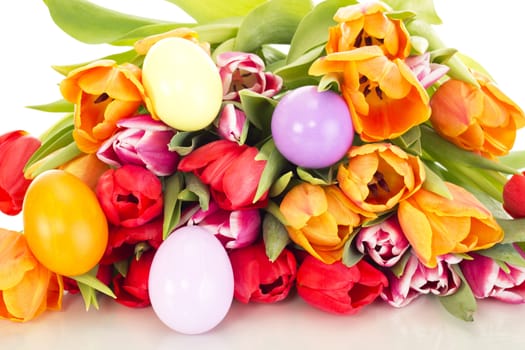 Bunch of tulips with easter eggs