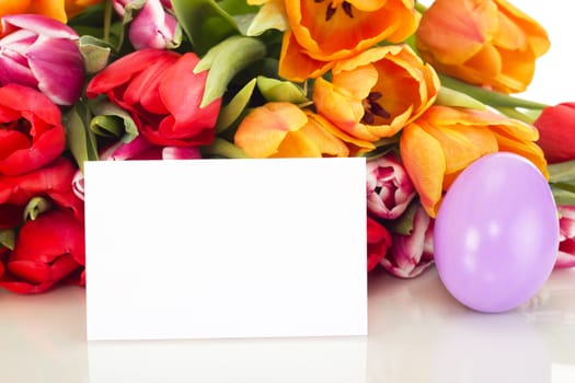 Bunch of tulips with easter egg and card