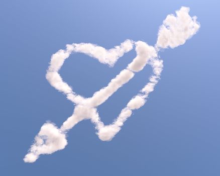 Heart shaped cloud with arrow, isolated on blue background