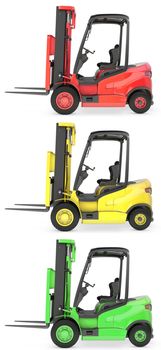 Three fork lift trucks colored as traffic lights, isolated on white background