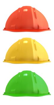 Three construction helmets colored as traffic light, isolated on white background