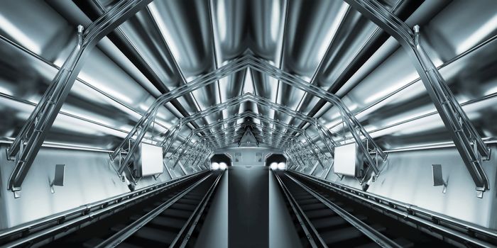 empty subway station with the lights of the arriving train