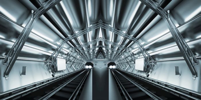 empty subway station with the lights of the arriving train