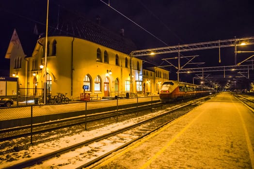 the train is on the halden station, waiting for passengers going from there to oslo, the image is shot one early december day in 2012