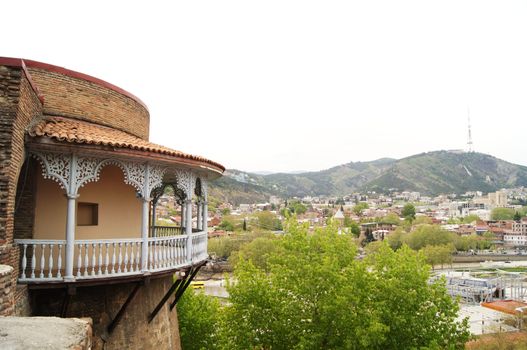 Famous blue wooden carving balcony and terrace of georgian queen palace - Darejan, Tbilisi, Republic of Georgia