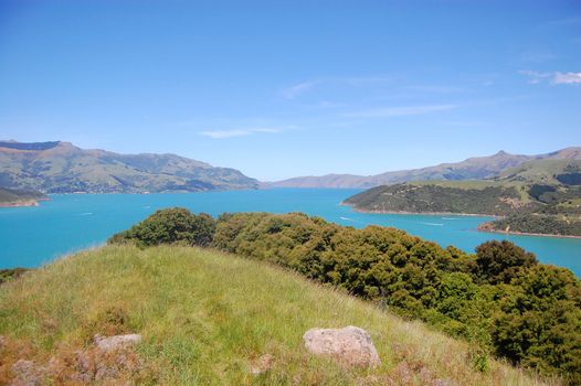 Sea bay hill view, Onawe Peninsila near Akaroa, New Zealand