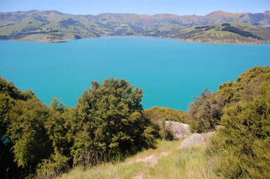 Sea bay hill view, Onawe Peninsila near Akaroa, New Zealand