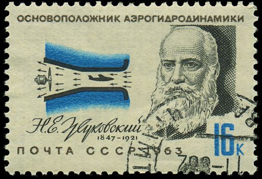 RUSSIA - CIRCA 1963: A stamp printed in USSR, show portrait founder of aerodynamics Zhukovskiy N.E., circa 1963