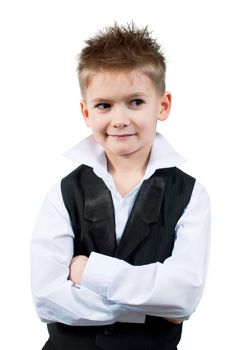 Cool little boy in a waistcoat isolated on white background