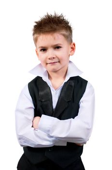 Cool little boy in a waistcoat isolated on white background