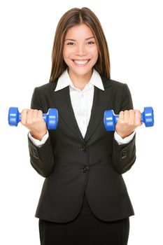 Business woman in suit lifting dumbbell weights. Business training, strength and success concept with young multicultural Asian Caucasian professional businesswoman isolated on white background.