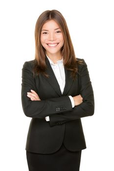Asian business woman smiling happy portrait in black suit standing proud and confident with arms crossed isolated on white background. Young mixed race Asian Chinese / Caucasian professional businesswoman