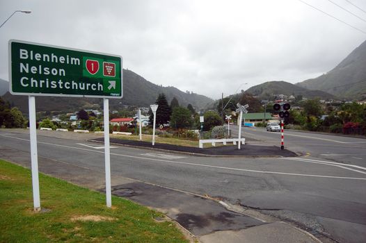 Green direction road sign at Picton town, New Zealand