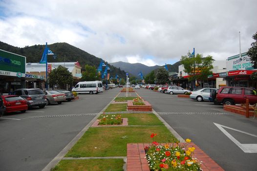 Flowers in town street, Picton, New Zealand