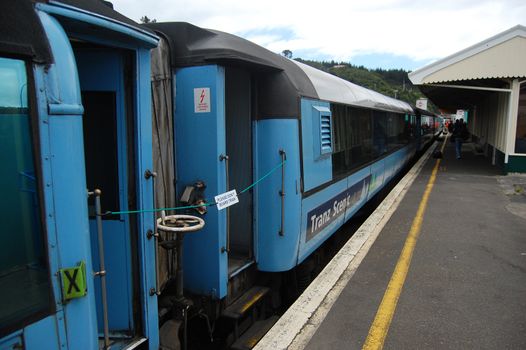 Blue train at platform, Picton, New Zealand